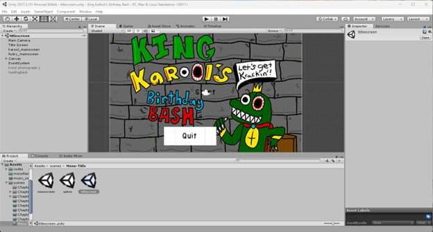 Title screen of King Karool's Birthday Bash in Unity